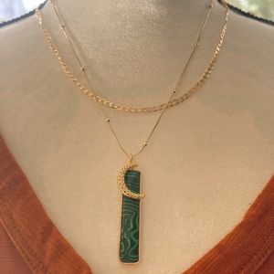 Malachite Moon Pendant Necklace 18K Gold Filled & 18K GF Cuban